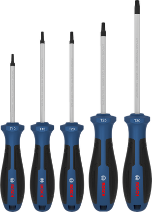 Bộ tua vít Bosch TX 5 chi tiết với cán bằng crom vanadi.